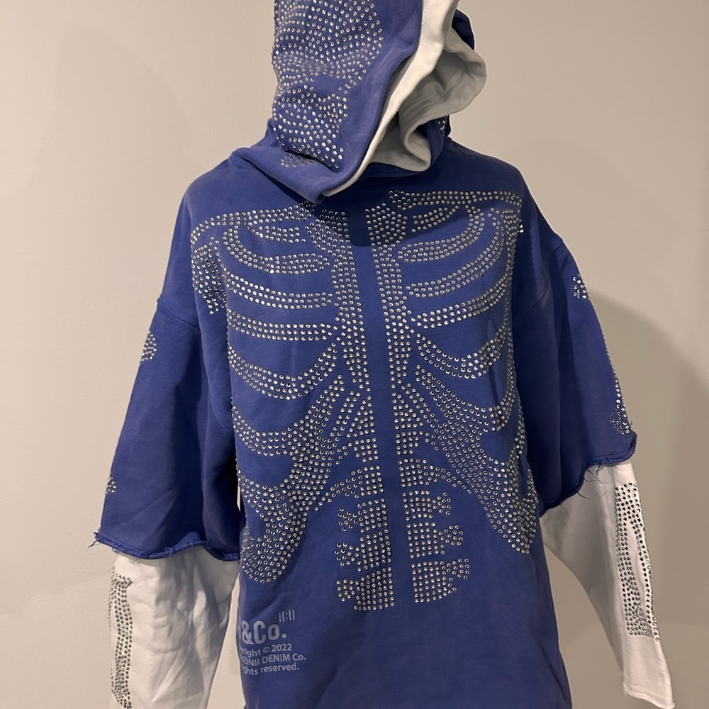 Gunzinii Blue Rhinestone Skeleton Hoodie